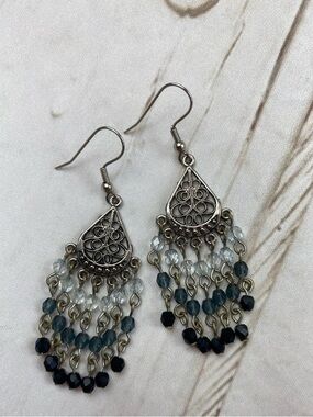 Vintage. Boho Teardrop Dangle Earrings with Black and Blue Beads